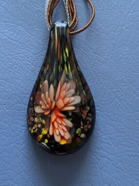 Blown Glass Teardrop Pendant Necklace Handcrafted Black Pink Flowers